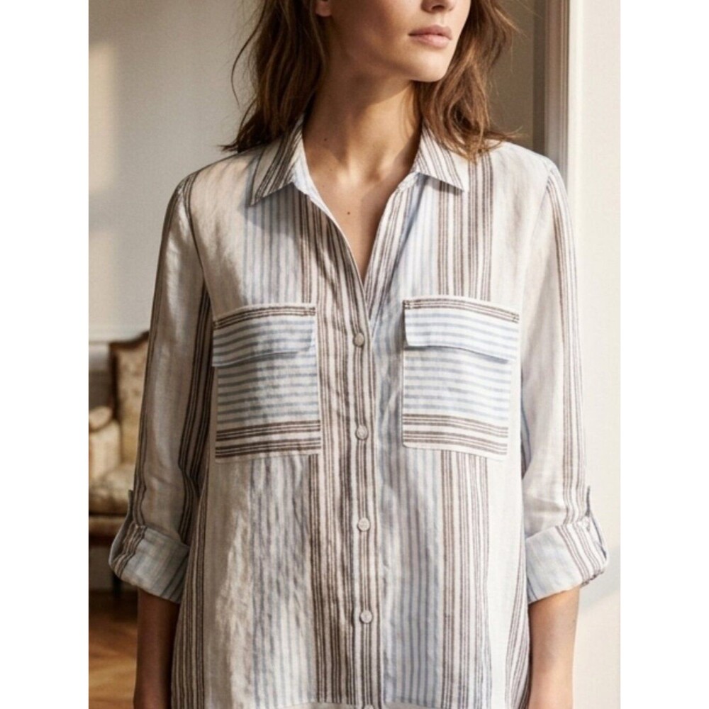 Jones New York Striped Linen Blend Button Down - XL - 3/4 Tab Sleeve